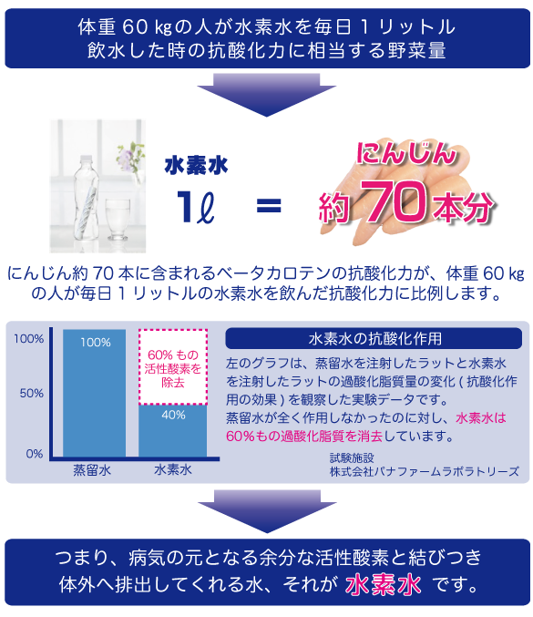 体重約60kgの人が水素水を毎日1リットル飲水した時の抗酸化力に相当する野菜量